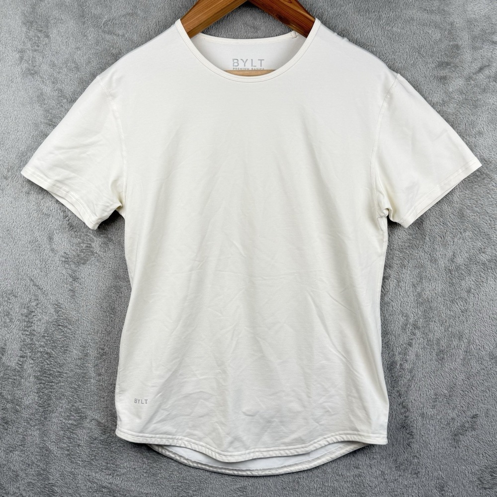 BYLT T-Shirt Mens M White Solid Premium Basics Cotton/Poly Stretch S/S Crew Tee